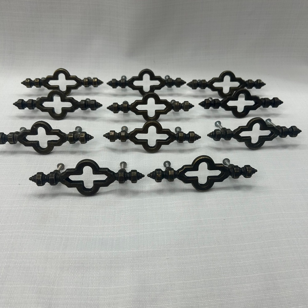 Vintage Brass Drawer Pulls Set 11 Quatrefoil 3" Ornate Gothic Spanish Hardware